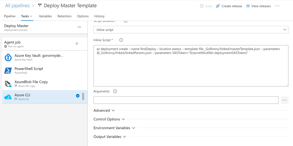Azure CLI task configuration with inline script using the SAS token